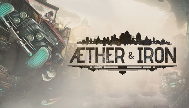 Futuristic car with glowing wheels vertically parked on a foggy street. "ÆTHER & IRON" text overlays a cityscape silhouette.