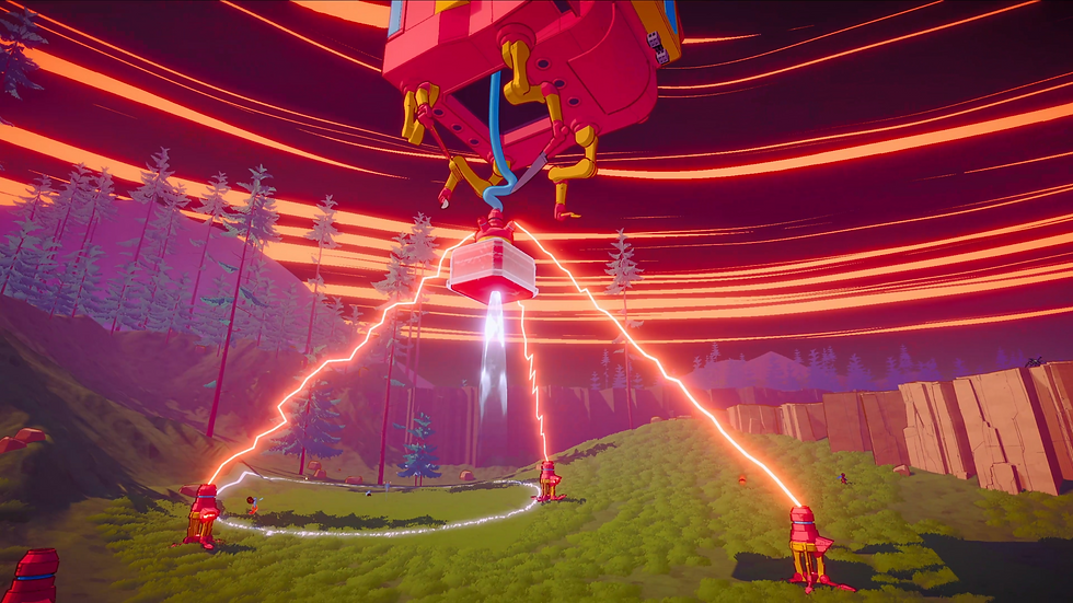 Futuristic red-orange energy beams arc over a forest as small robots power a hovering device in a neon sci-fi scene.