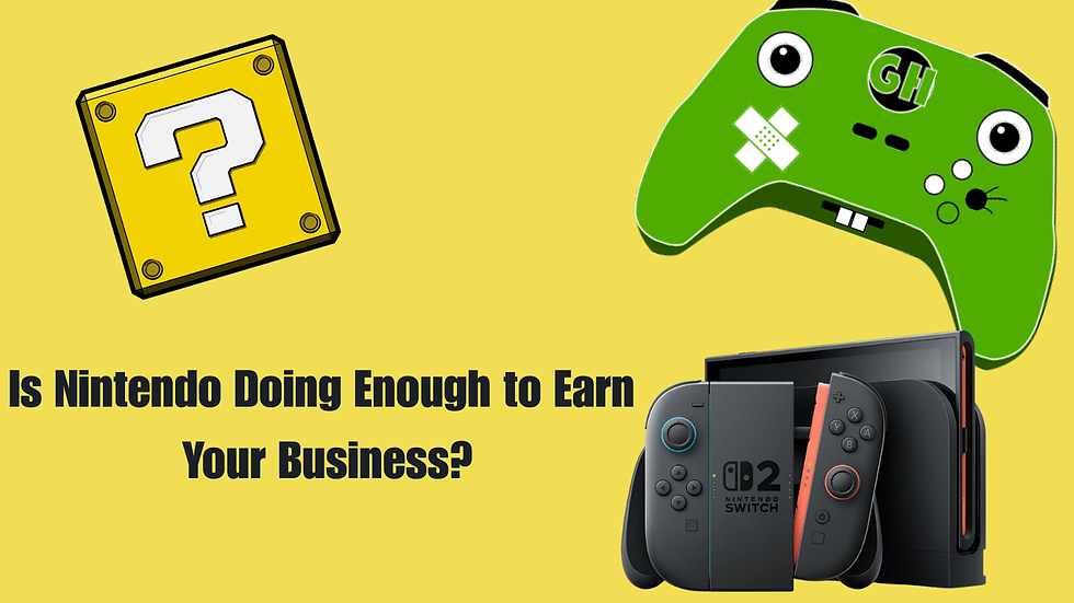 Green game controller and Nintendo Switch on yellow background. Question mark block and text: "Is Nintendo Doing Enough to Earn Your Business?"