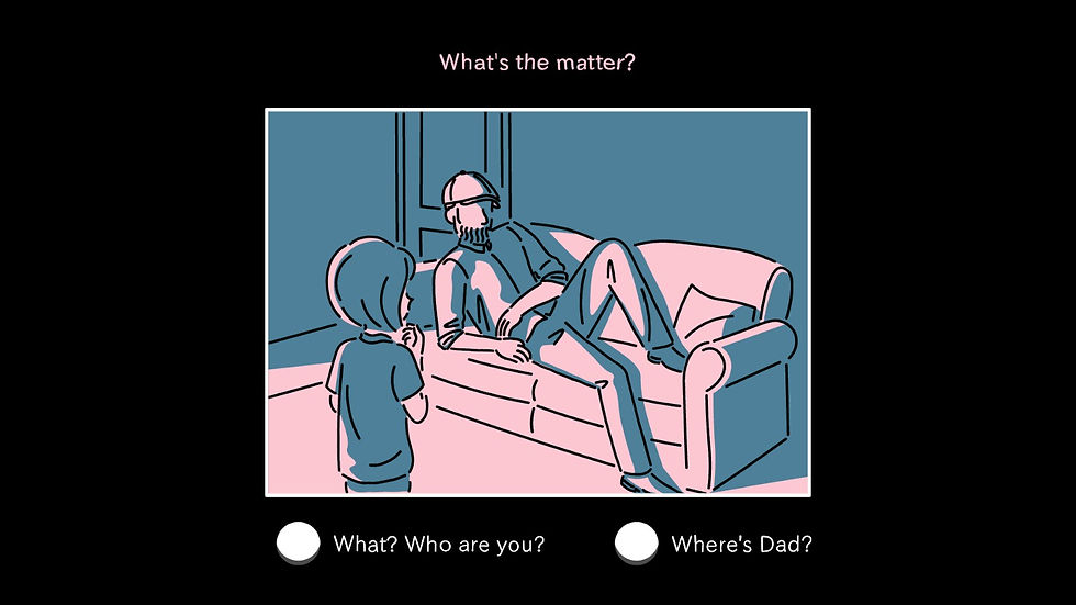 A child faces a man lounging on a sofa in a stylized room. Text reads "What's the matter?" with options "What? Who are you?" and "Where's Dad?"