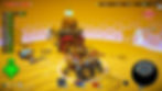 Colorful steampunk fortress with cartoon figures inside, set against a glowing hexagonal background. HUD displays score and resources.