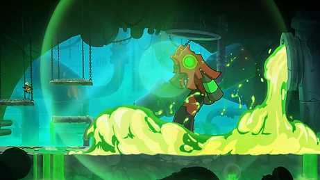A massive robot, spewing green slime, stands in an industrial setting. A small figure watches from a platform, surrounded by chains and pipes.