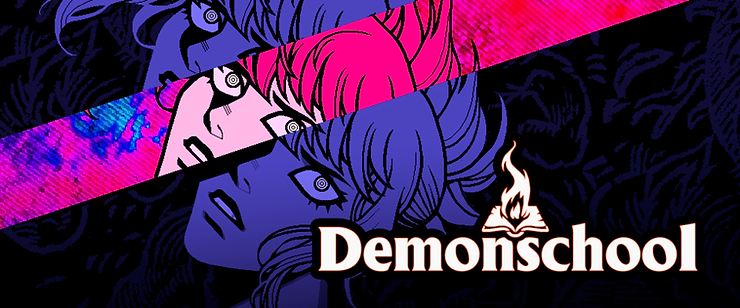 Abstract art with blue and pink faces, wide eyes, and a dynamic split effect. Text "Demonschool" in bold with a book and flame logo.