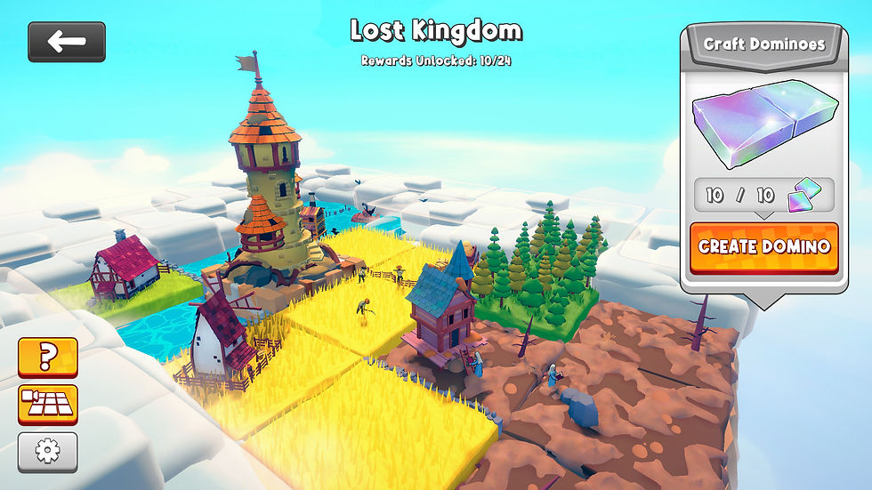 Fantasy game scene with houses, a tower, and fields. Text: "Lost Kingdom," "Rewards Unlocked: 10/24," "Create Domino." Bright, colorful environment.
