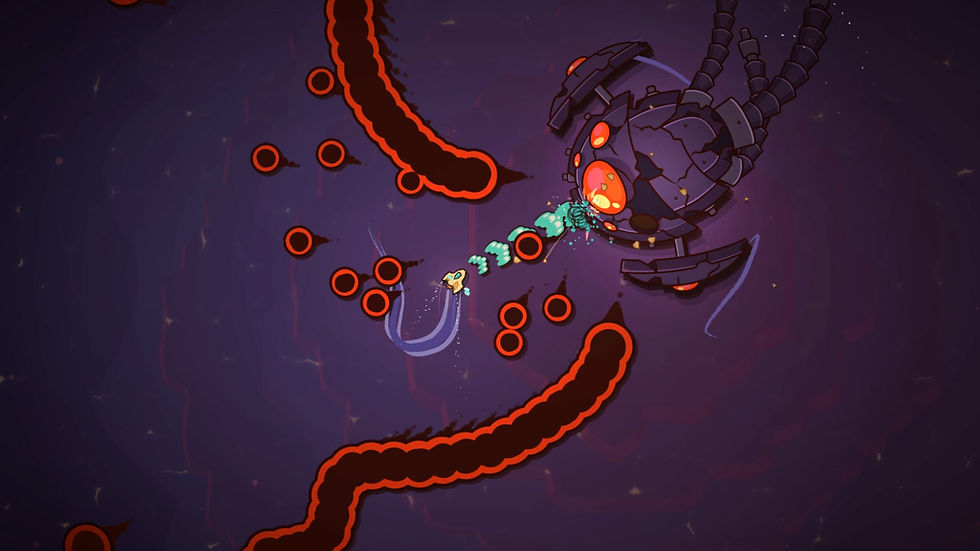 Spaceship fires at a large robotic creature in a colorful, abstract space setting. Red and orange elements highlight the intense scene.