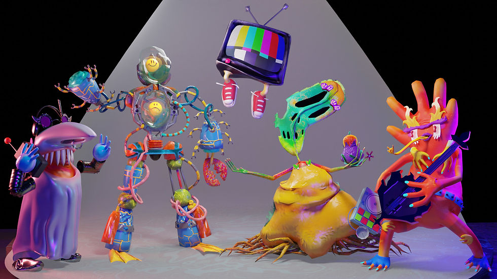 Surreal creatures in a spotlight, including a dancing TV, smiley-faced robot, colorful plant creature, and a guitar-playing monster. Bright colors.