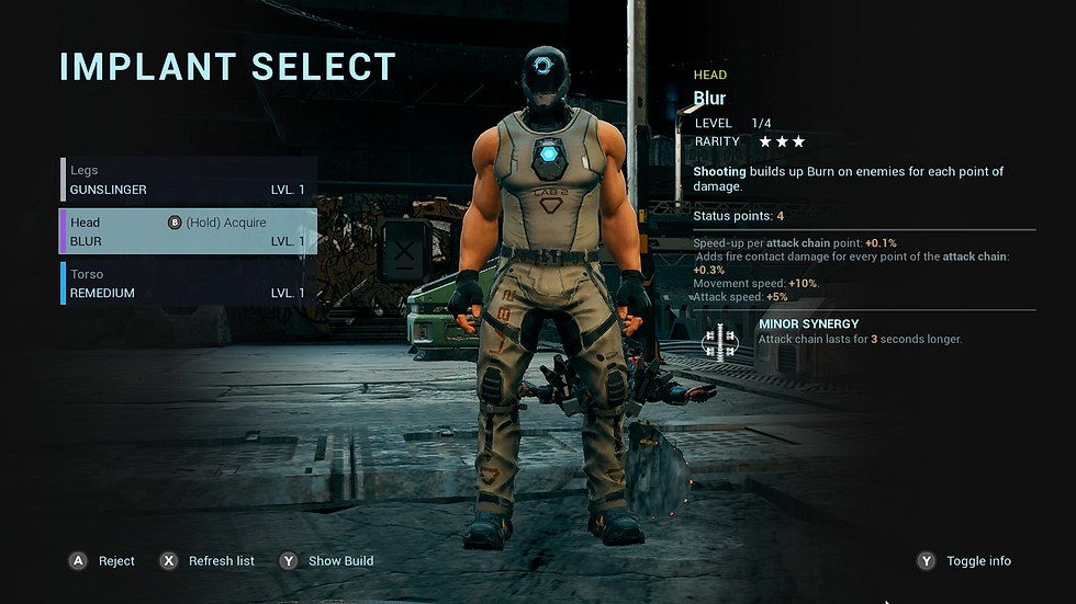 Game screen showing a muscular character with a helmet in a futuristic setting. Text: "IMPLANT SELECT," details about head implant "Blur."