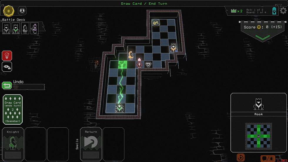 Chess-like game interface with glowing paths on a grid. Various icons and stats on the screen. Dark, digital theme with strategic elements.