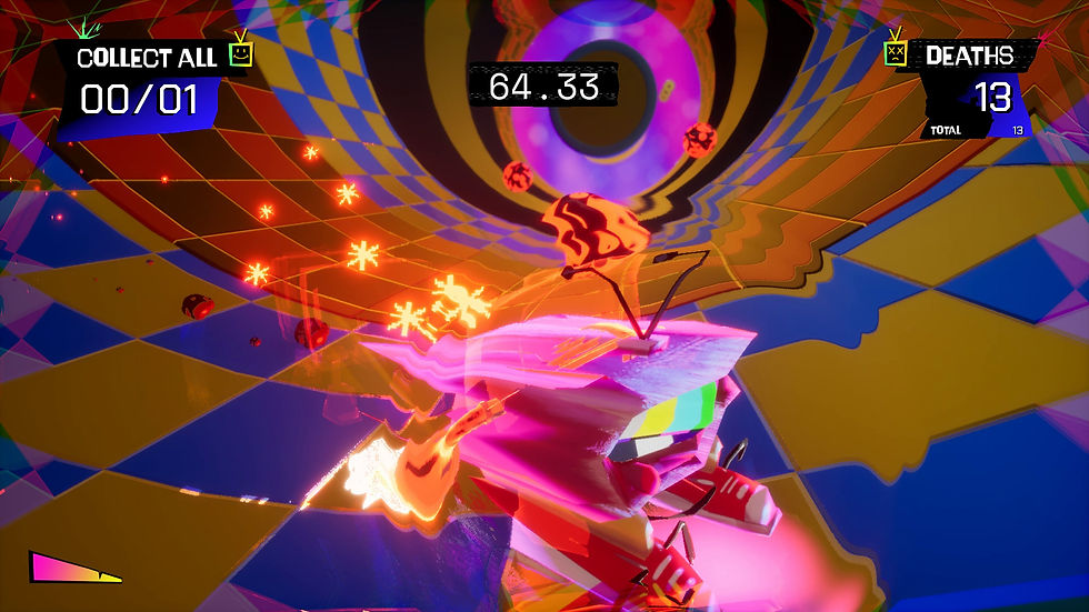 Colorful game scene with a geometric background, vibrant patterns, and dynamic elements. Text: "COLLECT ALL 00/01," "DEATHS 13," timer "64.33."
