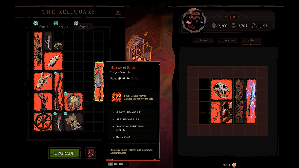 Inventory screen of a game showing relics like a skull and sword. A highlighted "Banner of Faith" displays stats and quote. Dark background.