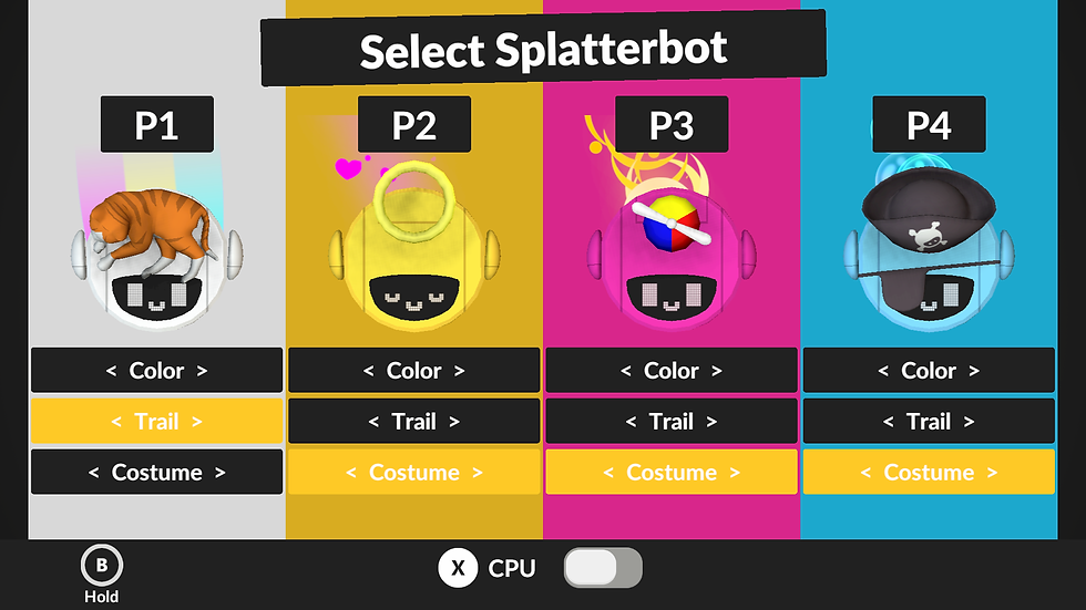 Four Splatterbot selections: P1 white with tiger, P2 yellow, P3 pink with propeller, P4 blue with cap. Options for color, trail, costume.