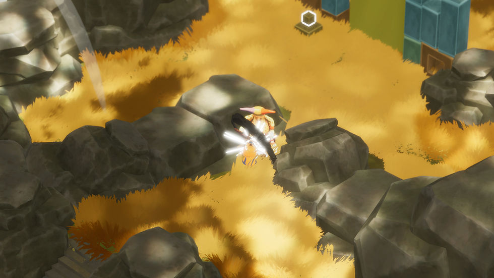 A small creature with glowing swords hides among rocks and golden grass. Stone structures and a cube are visible in the background.