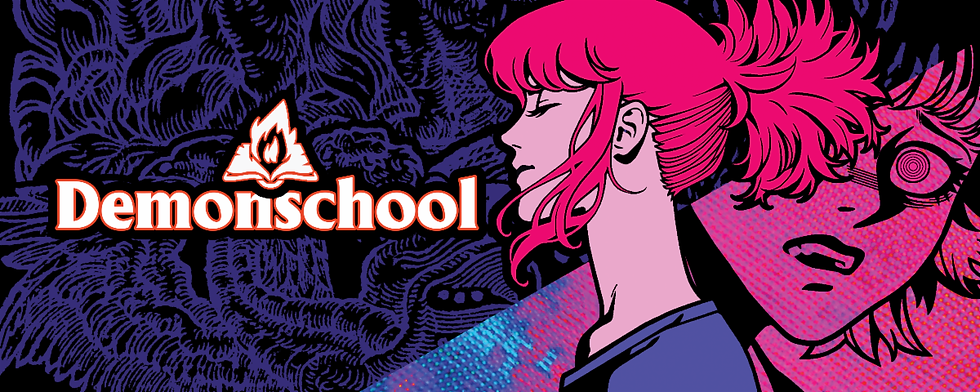 Pink-haired anime character with closed eyes overlays a dark, swirling pattern. "Demonschool" text with a flaming book logo on a textured background.