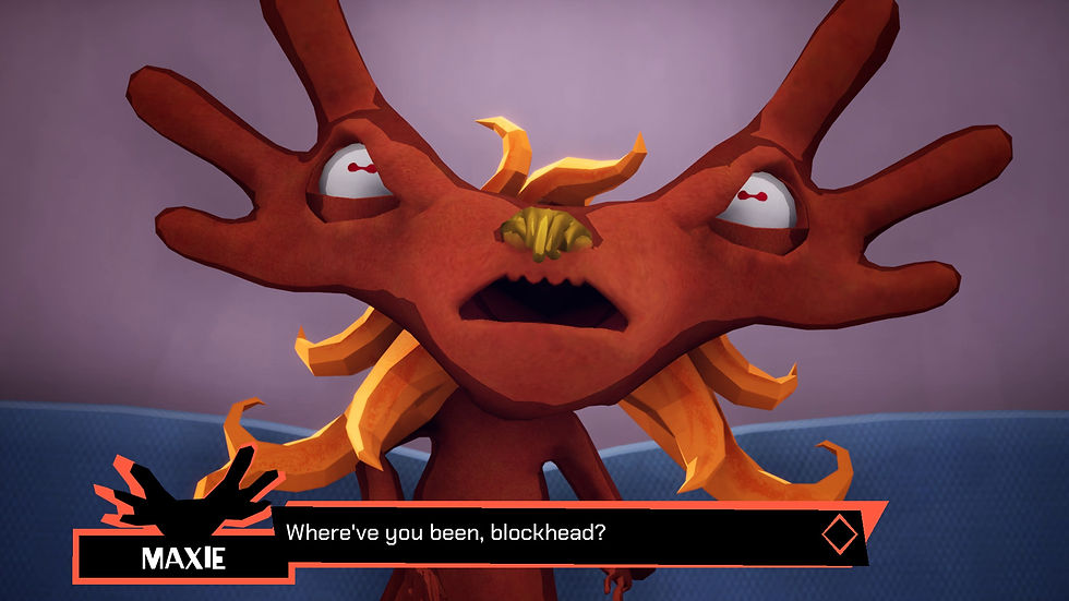 A red cartoon creature with large eyes and orange tendrils looks surprised. Text below says: "Where've you been, blockhead?"