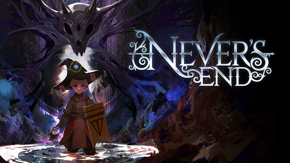 Young wizard with a staff and shield stands in a mystical setting with a horned creature behind. Dark colors. Text: “Never’s End.”