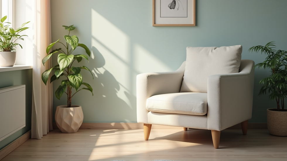 Close-up view of a therapist's office with a comfortable chair and calming decor