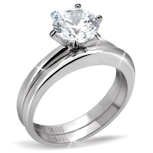 TK097 - High Polished (No Plating) Stainless Steel Ring W/ AAA CZ in Clear