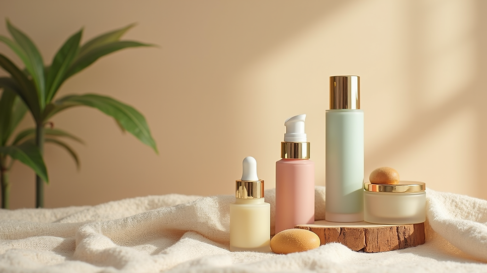 Eye-level view of eco-friendly beauty products on a natural fabric background