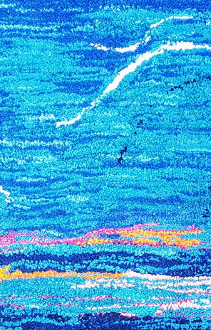 Sea Canter Tufted Rug by Ryka Design close landscape detail showing fluid white movement lines and black accent marks across layered teal and cobalt blue hand-tufted wool sky section with amber, yellow and hot pink horizon band at lower edge