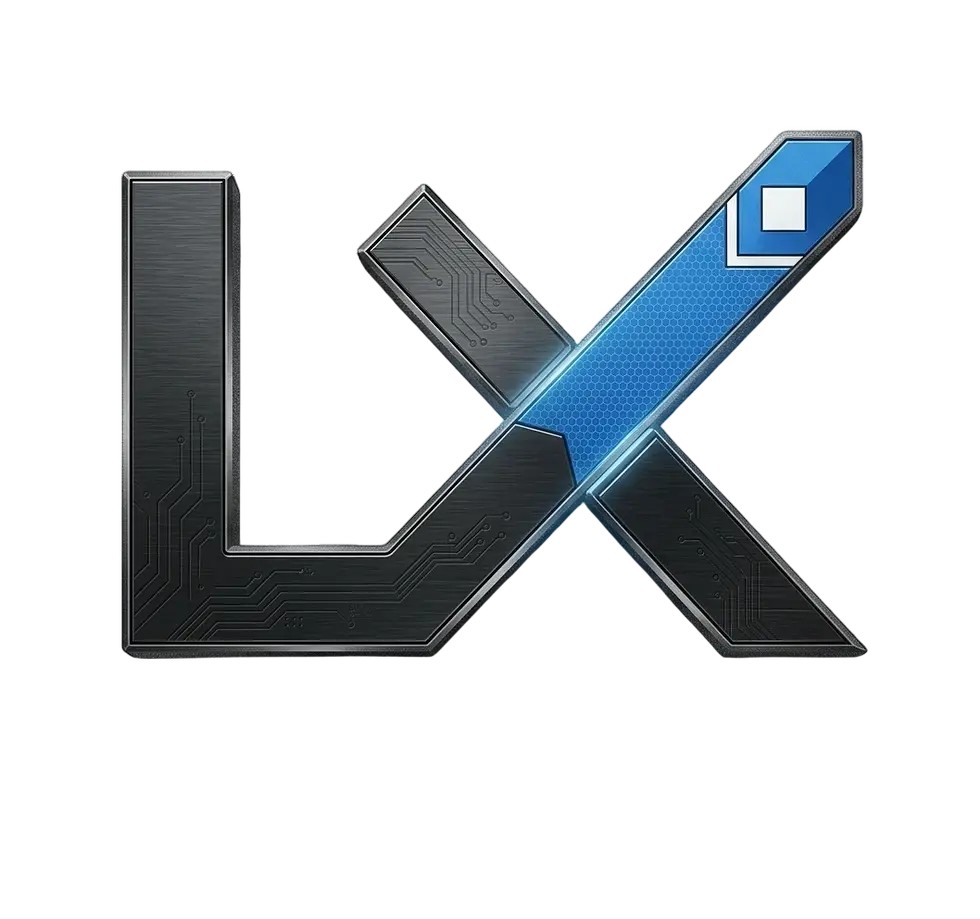 Digital logo graphic featuring the stylized letters LX in dark metallic gray with a vibrant diagonal blue accent on the X. Modern and tech-focused design against a solid black background.