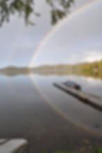 Rainbows reflected in lake