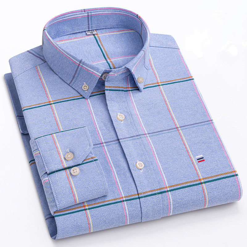 Miniatura: Men's 100% Cotton Shirt Long Sleeve Plaid Oxford Casual Solid Color Print Regula