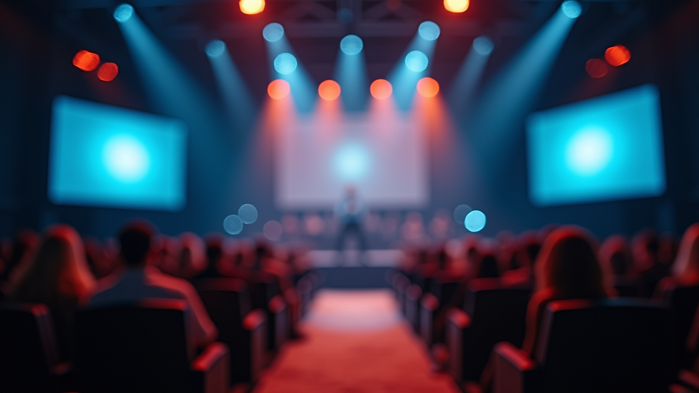 Close-up view of a projector lens with a blurred background of an event hall