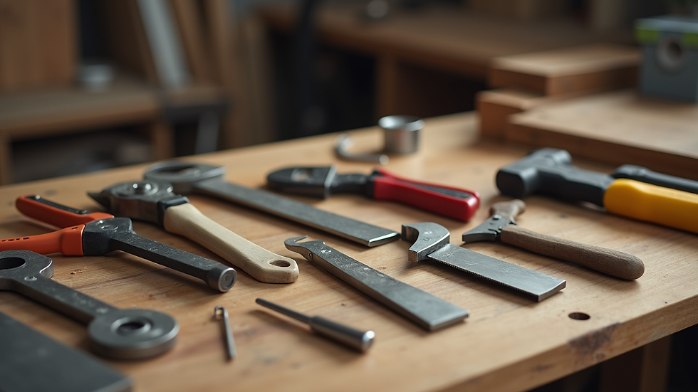 Close-up view of handyman tools laid out on a wooden table