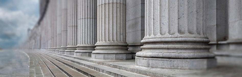 Stone colonnade and stairs detail. Classical pillars row in a building facade, New Yotk US