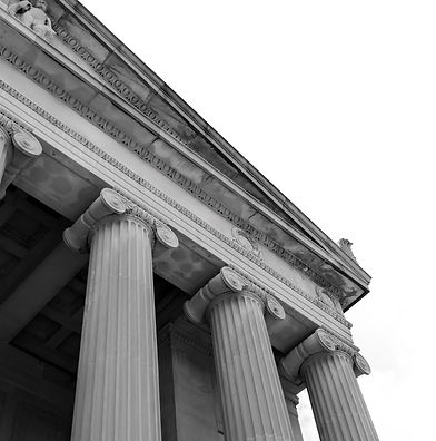 Exterior view of government building Stambaugh Auditorium in Youngstown, Ohio in monochrom