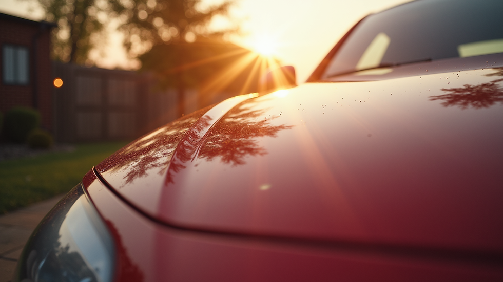 Close-up view of a shiny, freshly detailed car hood reflecting sunlight