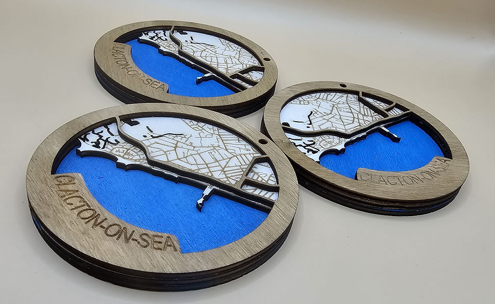 Thumbnail: 3D laser-cut Clacon map, plywood wall art with blue water base and dark oak frame.