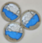 3D laser-cut Clacon map, plywood wall art with blue water base and dark oak frame.