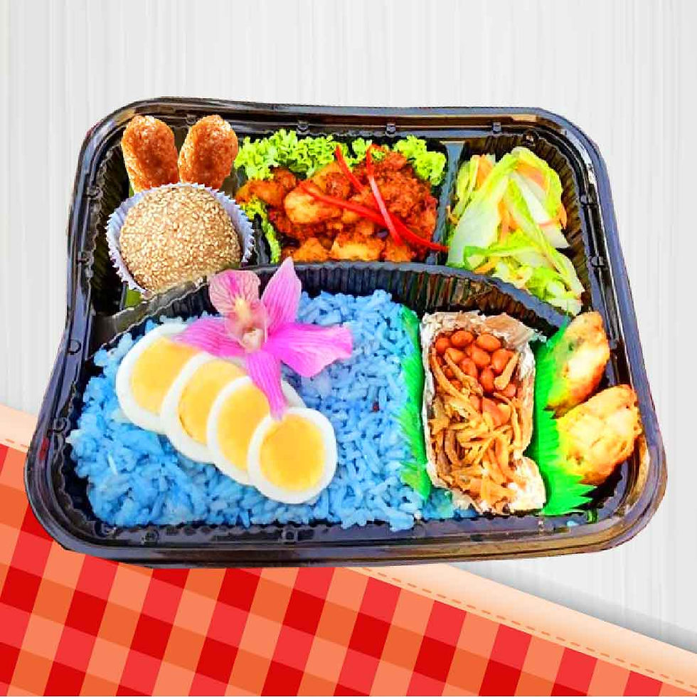Bento E - Blue Pea Nasi Lemak with Dry Curry Chicken & Ngoh Hiang