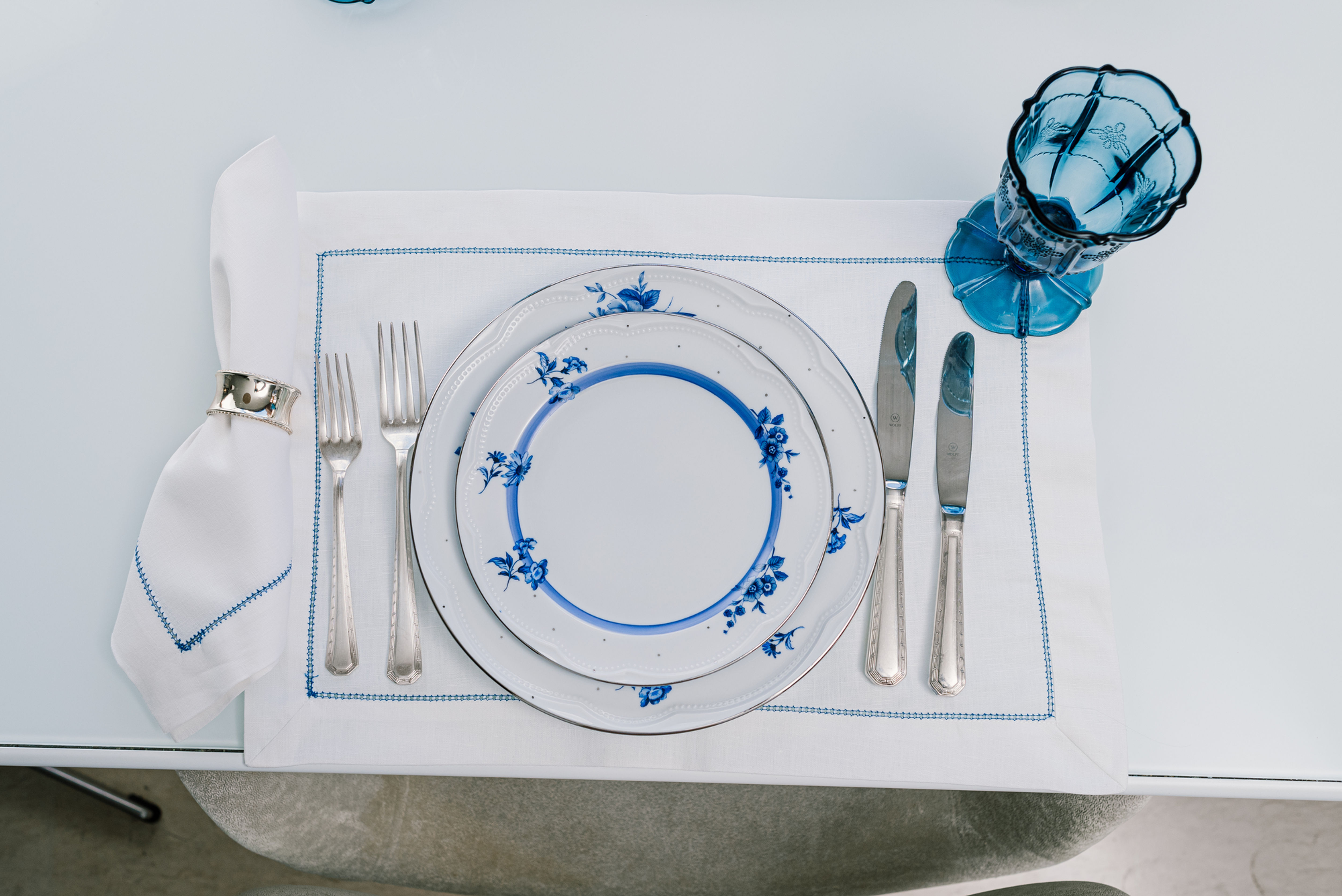 Conjunto de 6 Pratos de Sobremesa Rosa Azul com Prata