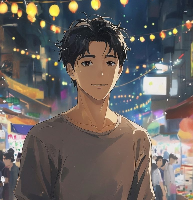 Anime Boy Smiling At Vibrant Night Market Festival.png