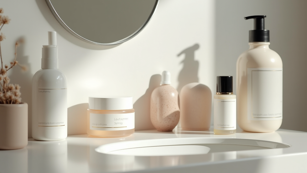Eye-level view of a minimalist vanity with skincare products neatly arranged