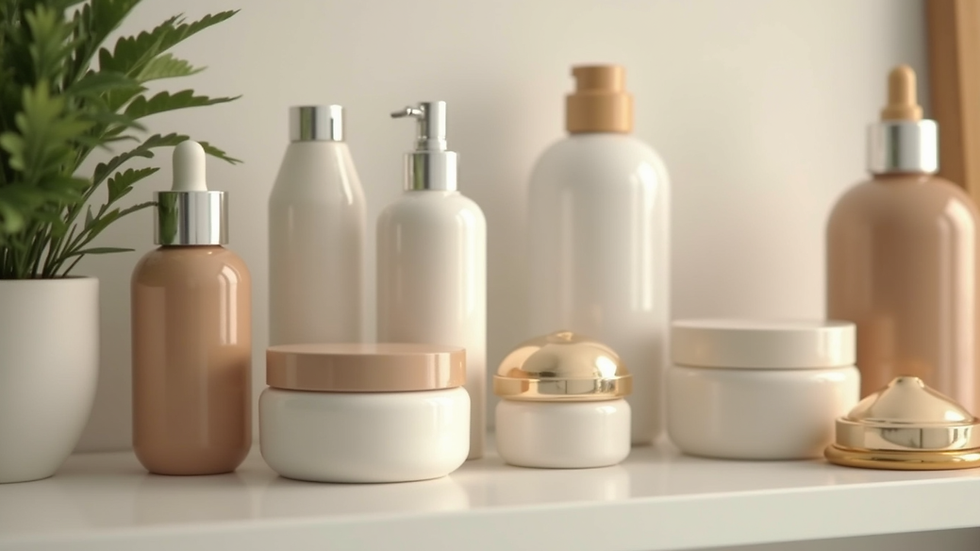 Close-up view of skincare bottles and jars arranged on a bathroom shelf