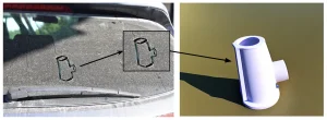 Finger drawn pipe coupler on dirty windshield with corresponding 3D representation. Once approved by the user, models are cleaned up, given correct dimensions and prepared for printing in the appropriate metal or polymer material.