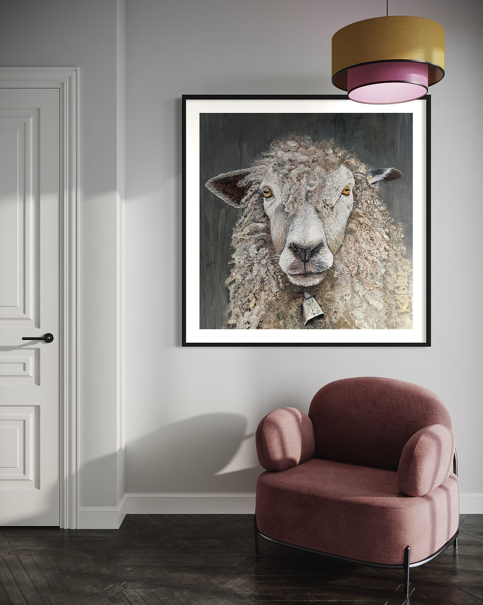 Schaf Tiermalerei Schaf mit Glocke, Art of Switzerland, Tierbild gemalt, Schweizer Kunst, Bauernmalerei