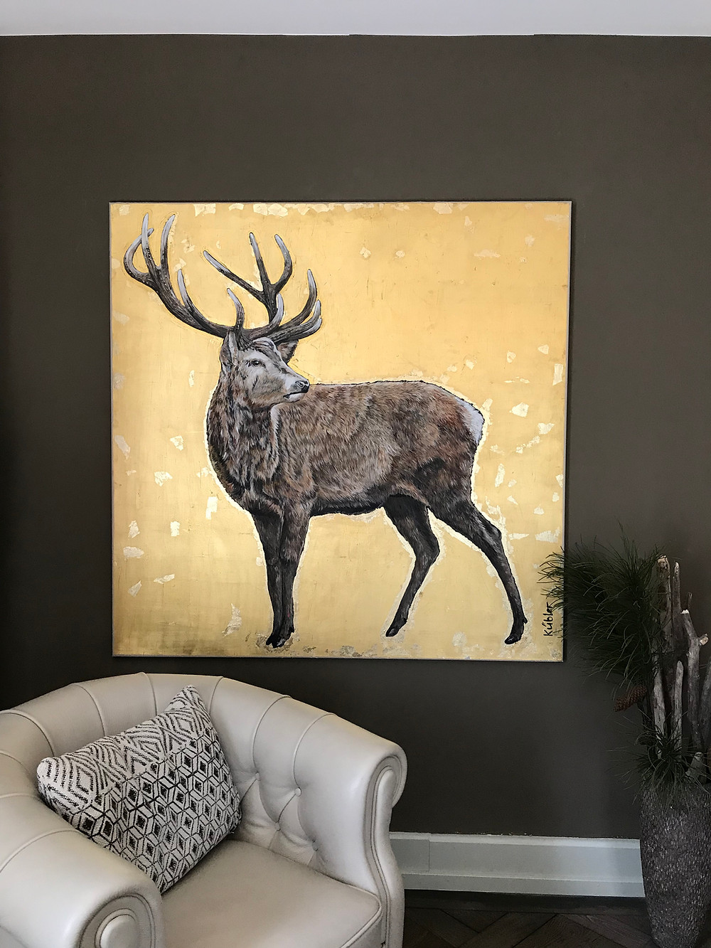 Hirschbild mit 24 Karat Gold, 140x140cm