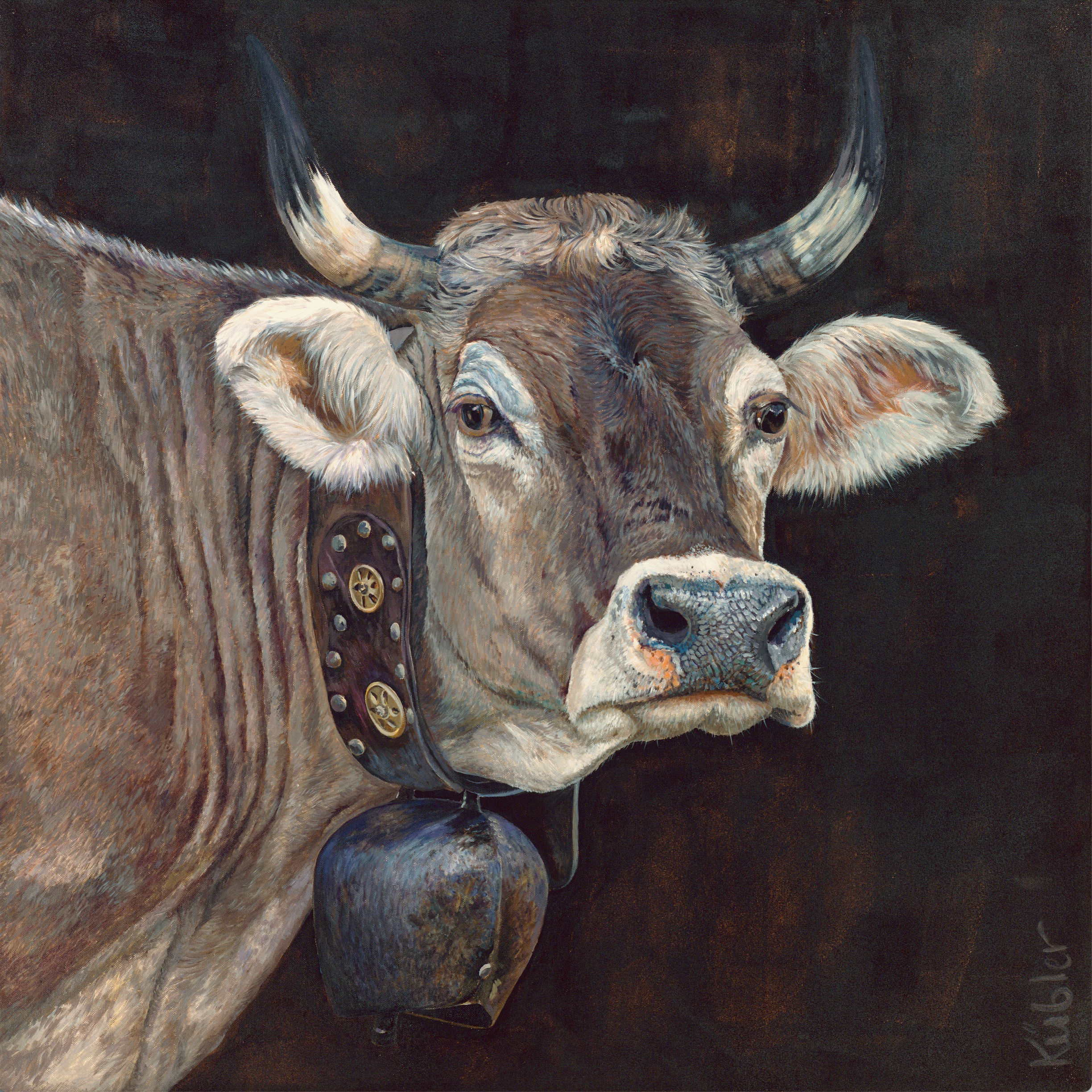 Kuh mit Glocke gemalt, Kuh gemalt, Kunstdruck Kuh, Fineart