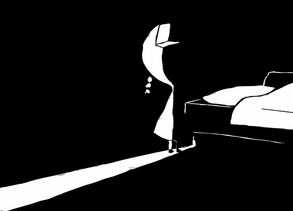 Dark room with a bed, a curved figure standing near an open door casting light. Black and white contrast creates a mysterious mood.