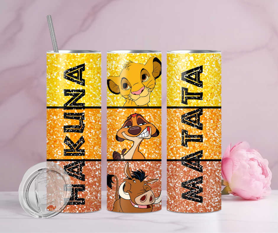 Hakuna Matata 20oz tumbler with a pink flower on the counter