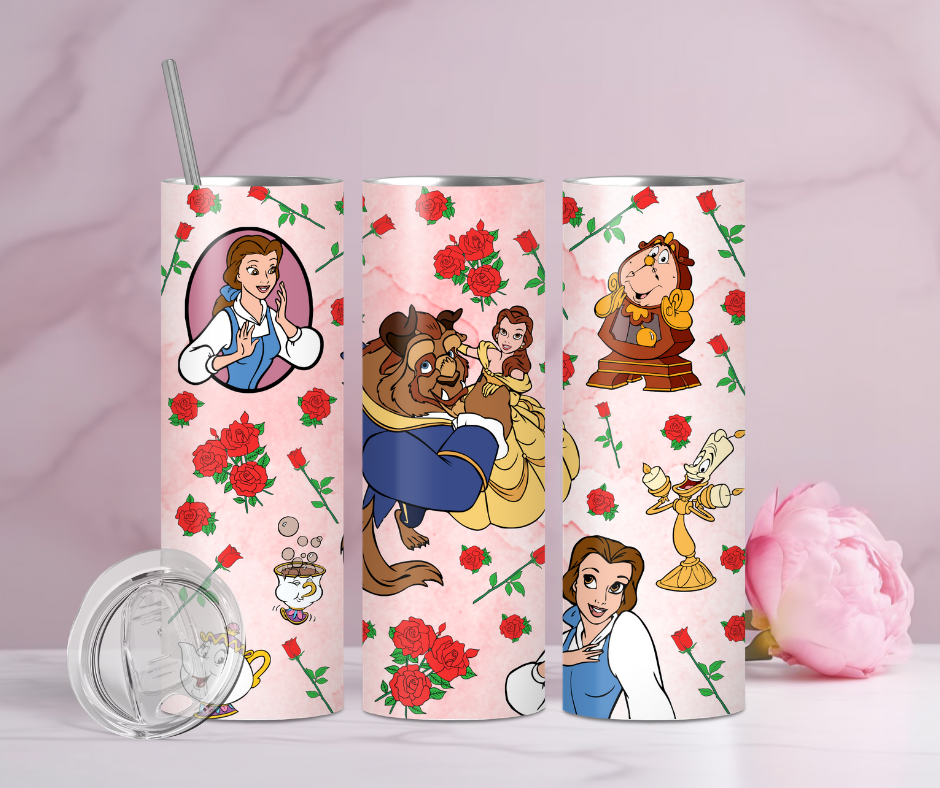 Beauty Love 20oz tumbler next to a pink flower on the table