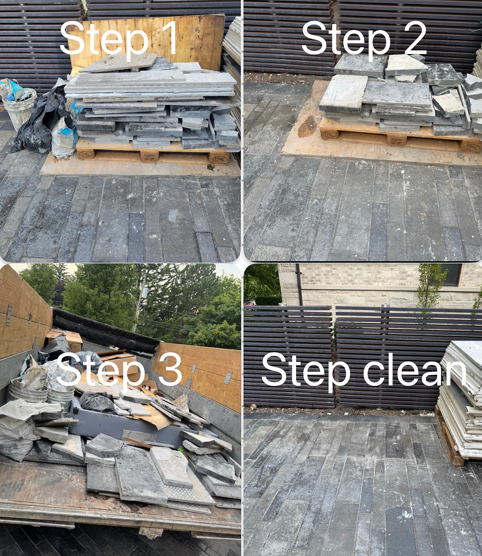 Four-step collage showing heavy patio stone debris stacked on pallets, loaded into a dump trailer, and the final swept-clean stone patio.