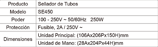 Tabla de Especificaciones Sellador SE450