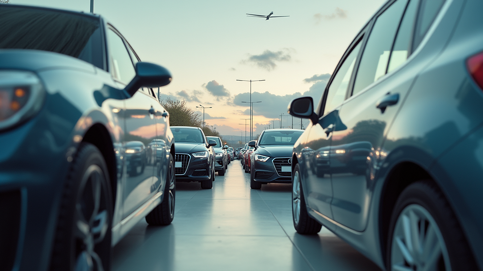 Eye-level view of a car dealership lot with various vehicles on display