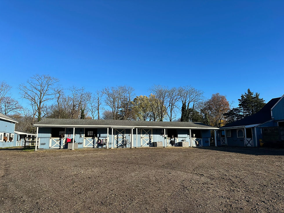 Blue stable building with horse stalls under a clear sky.