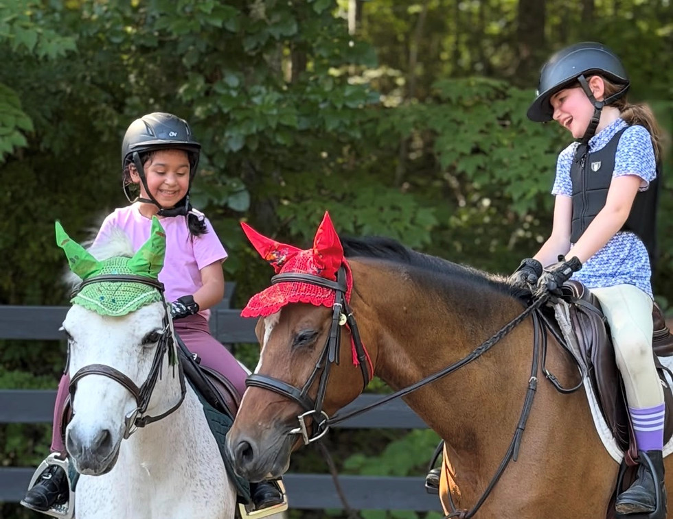 Two children horseback riding side b y side